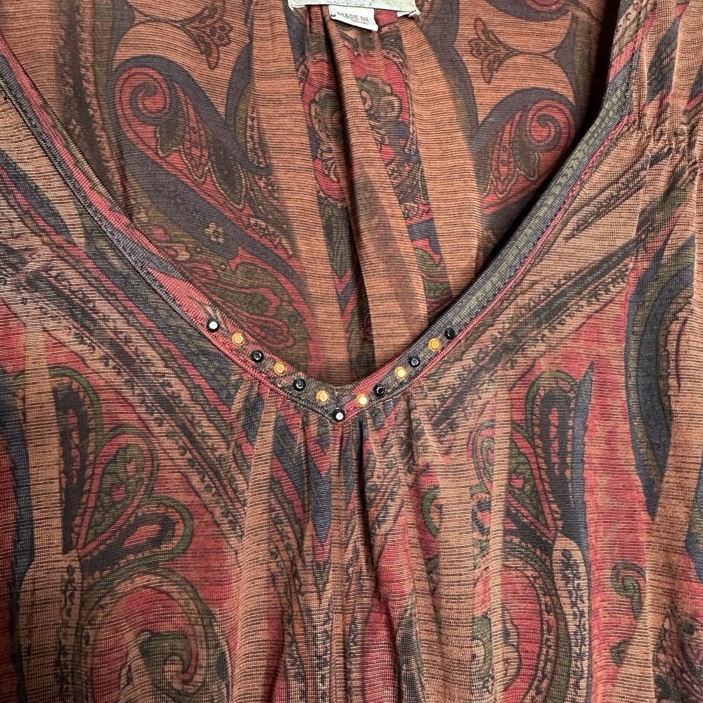 One World Babydoll Tunic Top Brown‎ Paisley Embellished Boho Size 1X - Picture 5 of 11